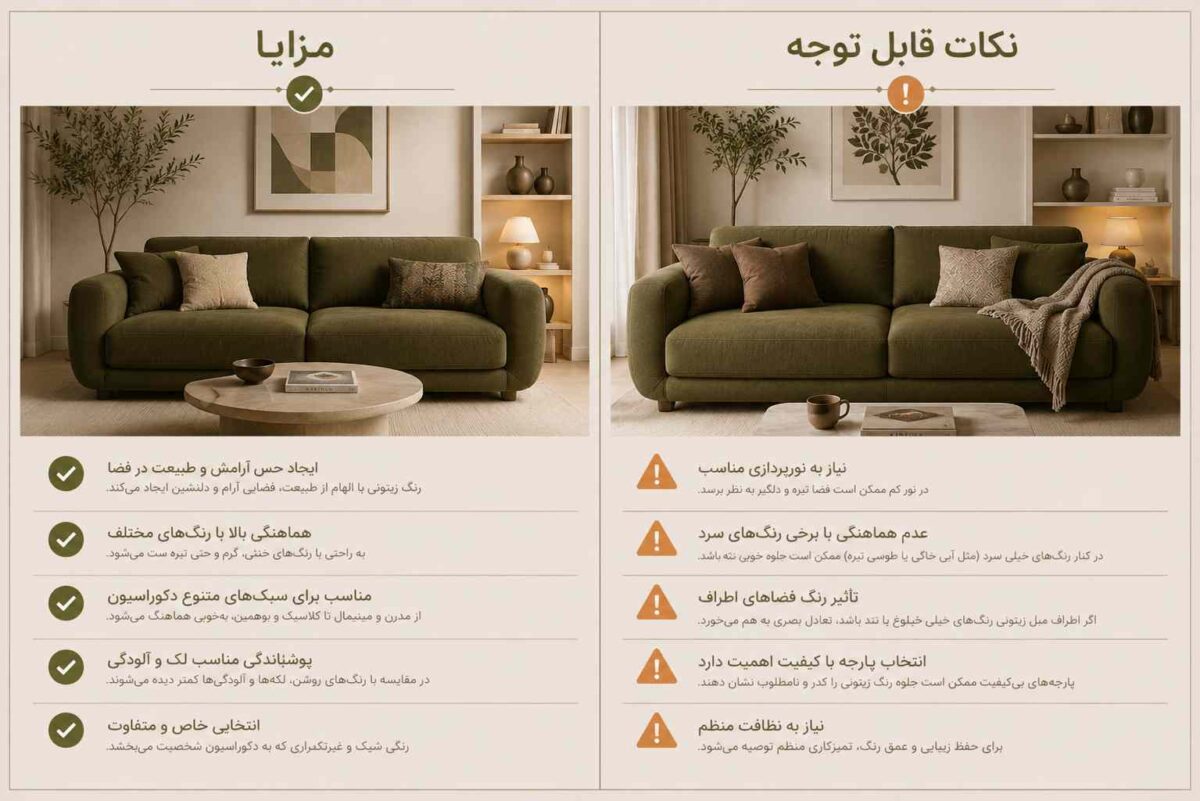 مزایا و نکات مهم خرید مبل زیتونی
